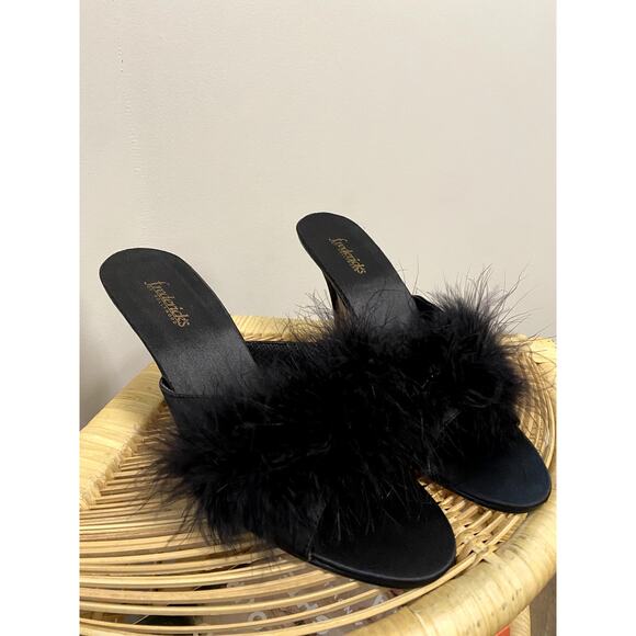 Frederick's of Hollywood Black Satin and Marabou Feather Peep Toe Heel 8 - Picture 1 of 11